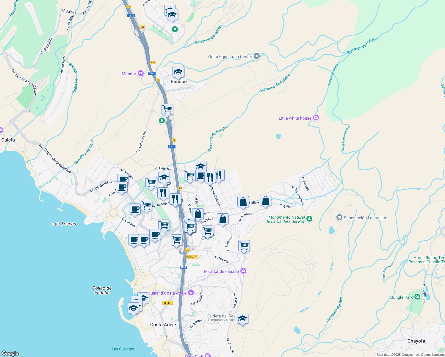 map of restaurants, bars, coffee shops, grocery stores, and more near 7 Calle el Sauce in Costa Adeje