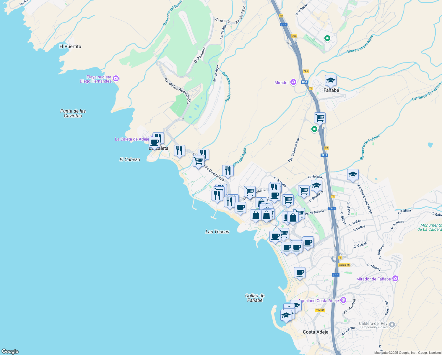 map of restaurants, bars, coffee shops, grocery stores, and more near Avenida Virgen de Guadalupe in Santa Cruz de Tenerife