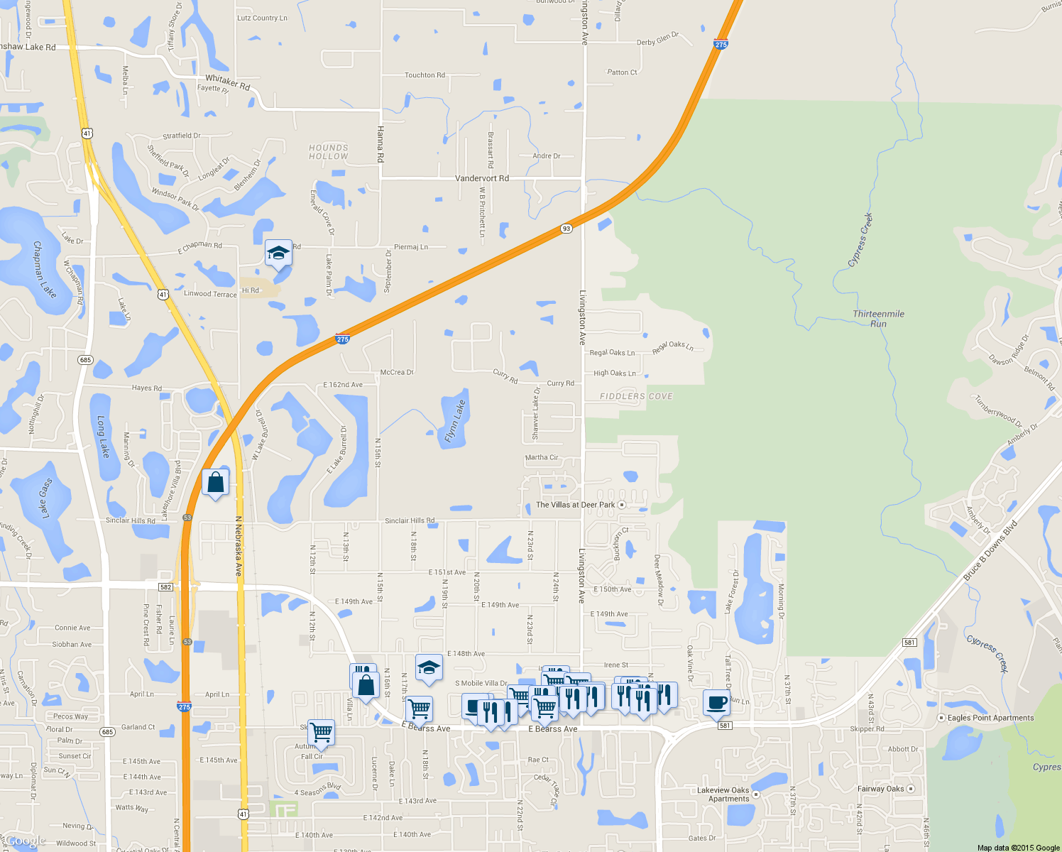 map of restaurants, bars, coffee shops, grocery stores, and more near 15910 Shawver Lake Drive in Lutz