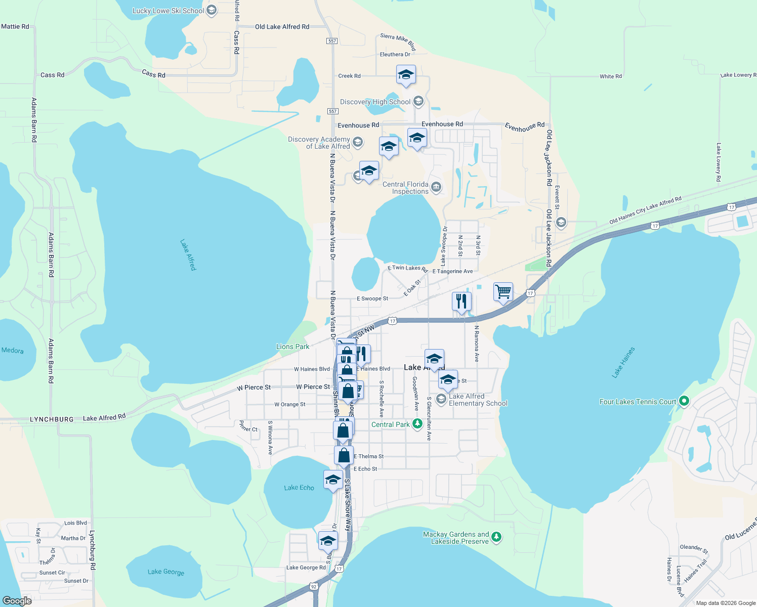 map of restaurants, bars, coffee shops, grocery stores, and more near 285 East Swoope Street in Lake Alfred