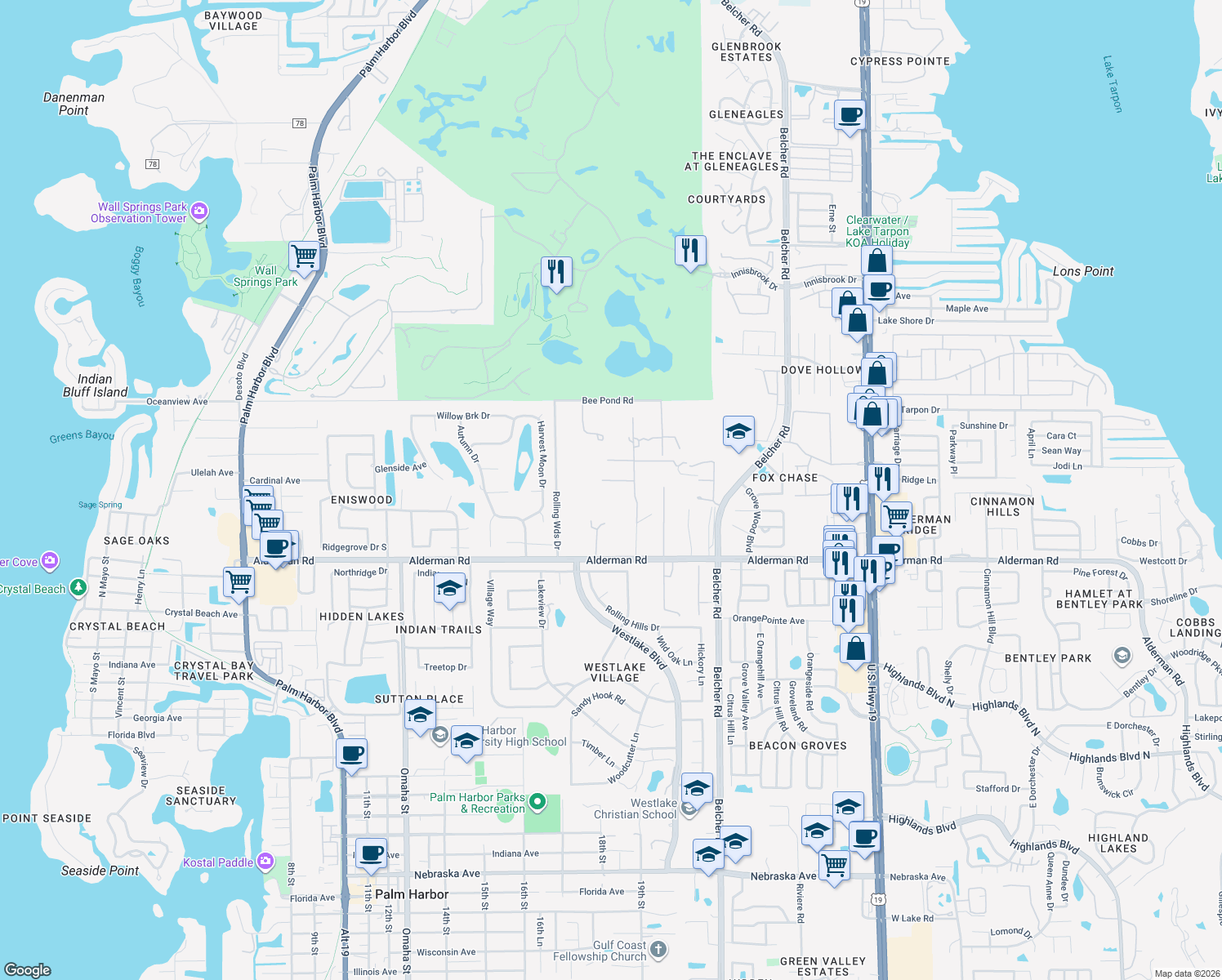 map of restaurants, bars, coffee shops, grocery stores, and more near 1876 Country Lane in Palm Harbor