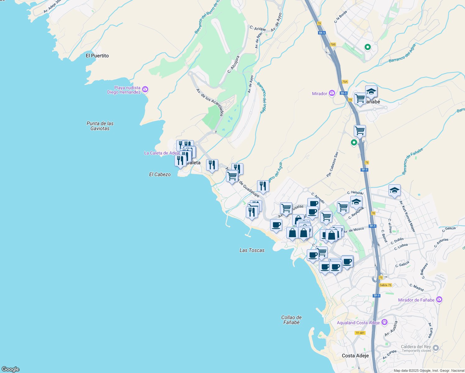 map of restaurants, bars, coffee shops, grocery stores, and more near Calle la Enramada in Santa Cruz de Tenerife