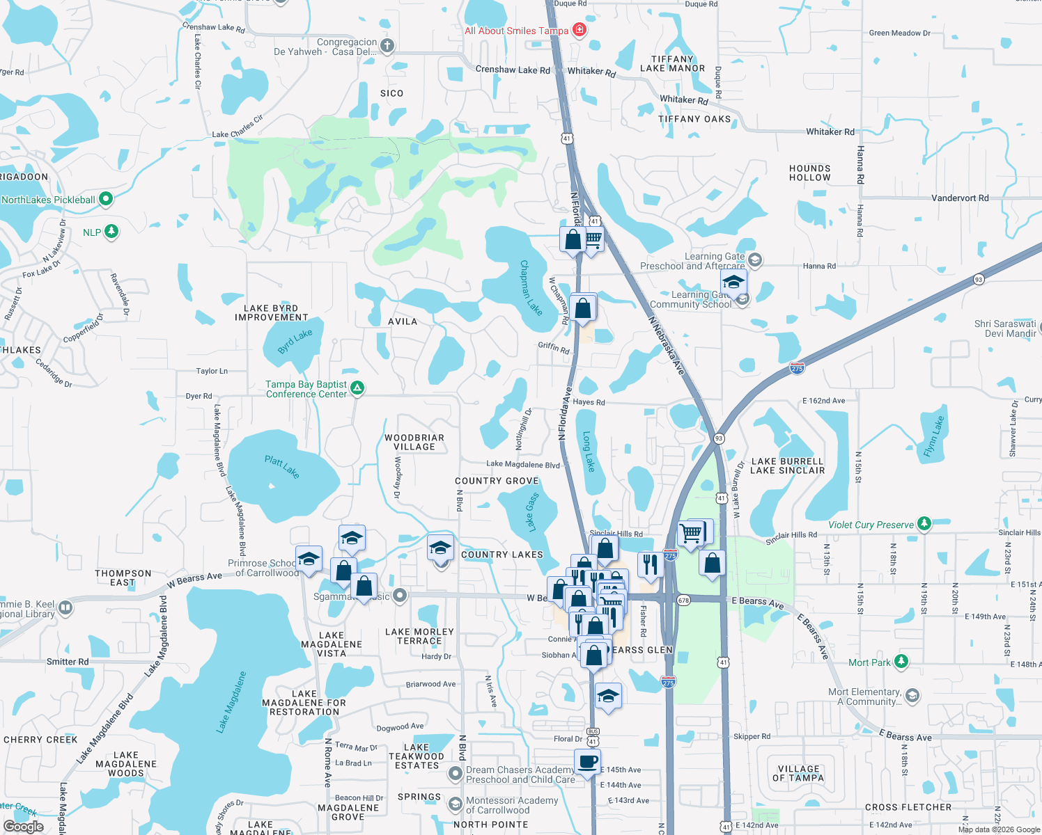 map of restaurants, bars, coffee shops, grocery stores, and more near 601 Colebrook Court in Lutz