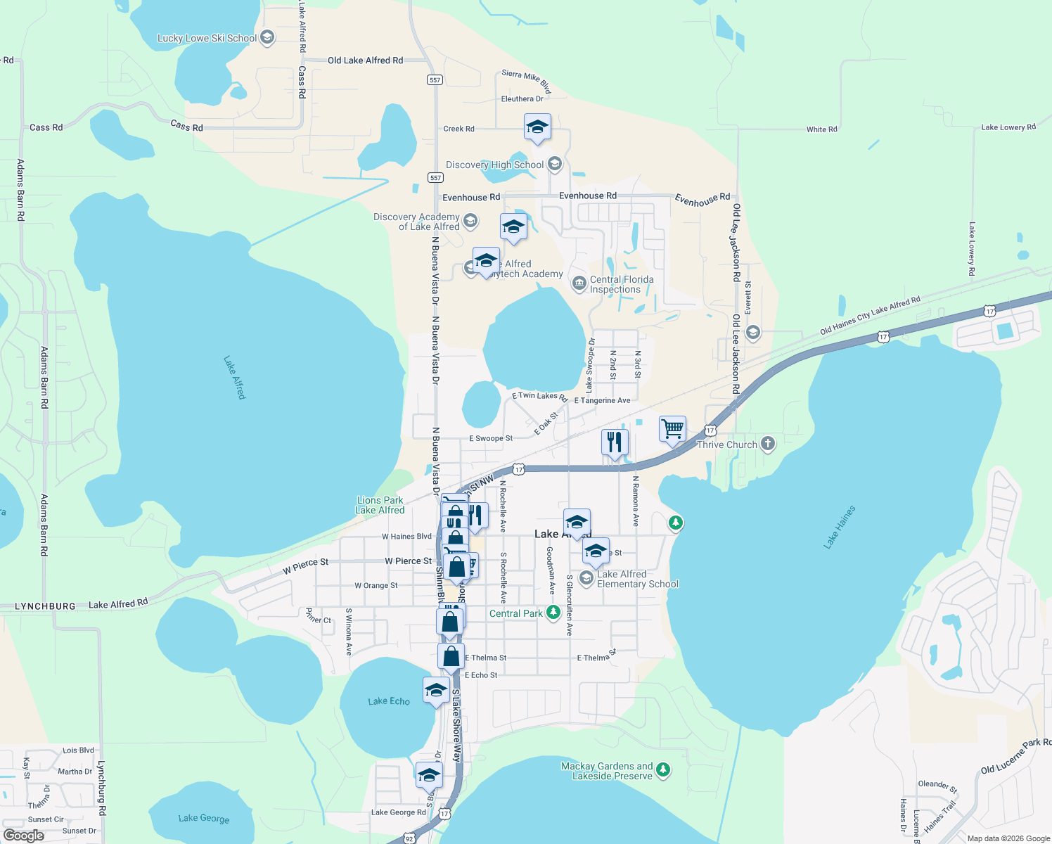 map of restaurants, bars, coffee shops, grocery stores, and more near 530 North Ridge Avenue in Lake Alfred
