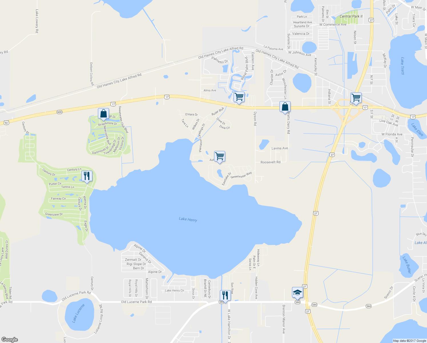 map of restaurants, bars, coffee shops, grocery stores, and more near 642 Watercrest Drive in Haines City