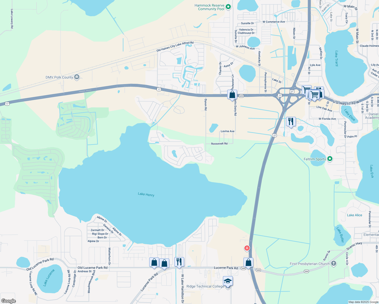 map of restaurants, bars, coffee shops, grocery stores, and more near 680 Sweetwater Way East in Haines City