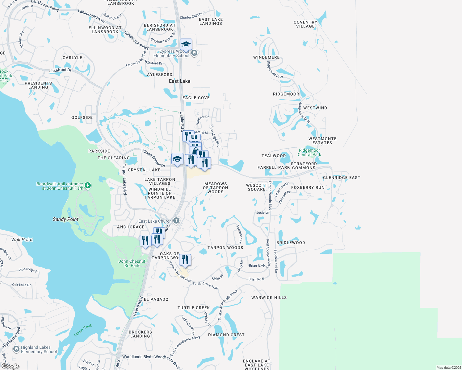 map of restaurants, bars, coffee shops, grocery stores, and more near 3529 Tanglewood Trail in Palm Harbor
