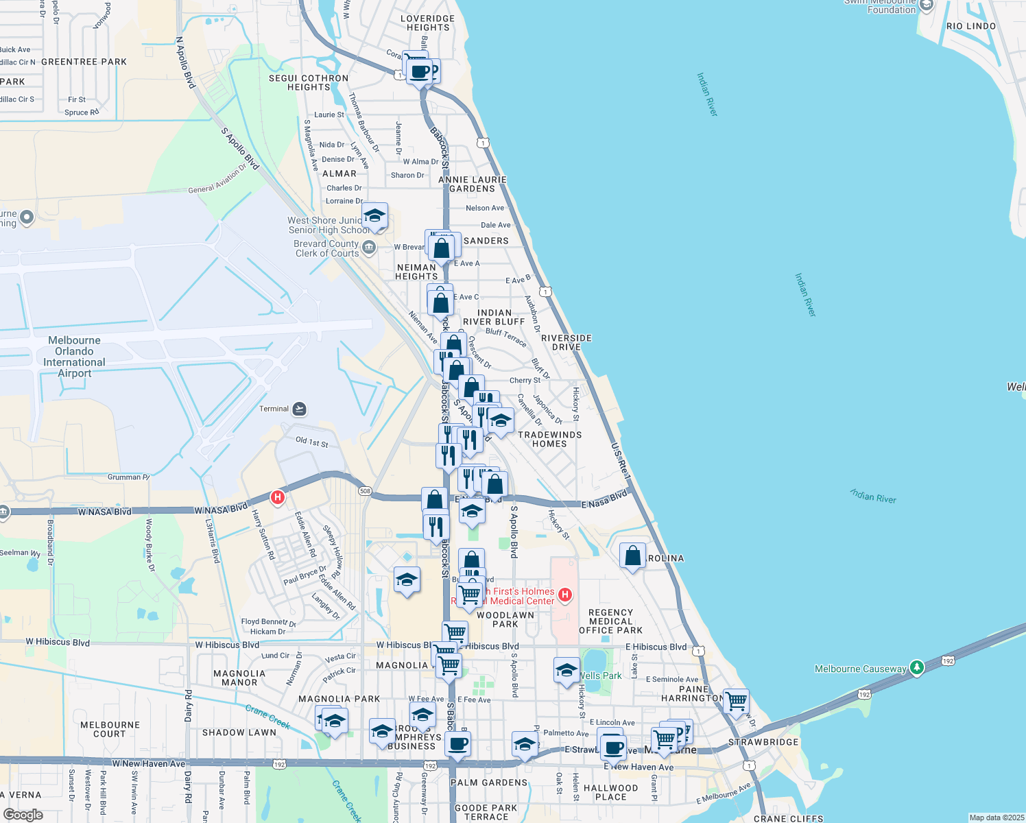 map of restaurants, bars, coffee shops, grocery stores, and more near 620 Lupine Court in Melbourne