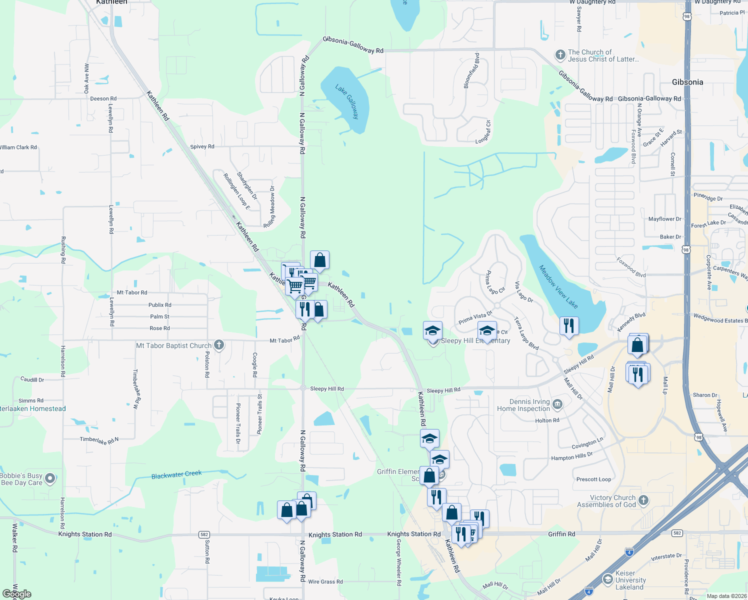 map of restaurants, bars, coffee shops, grocery stores, and more near 4141 Kathleen Road in Lakeland