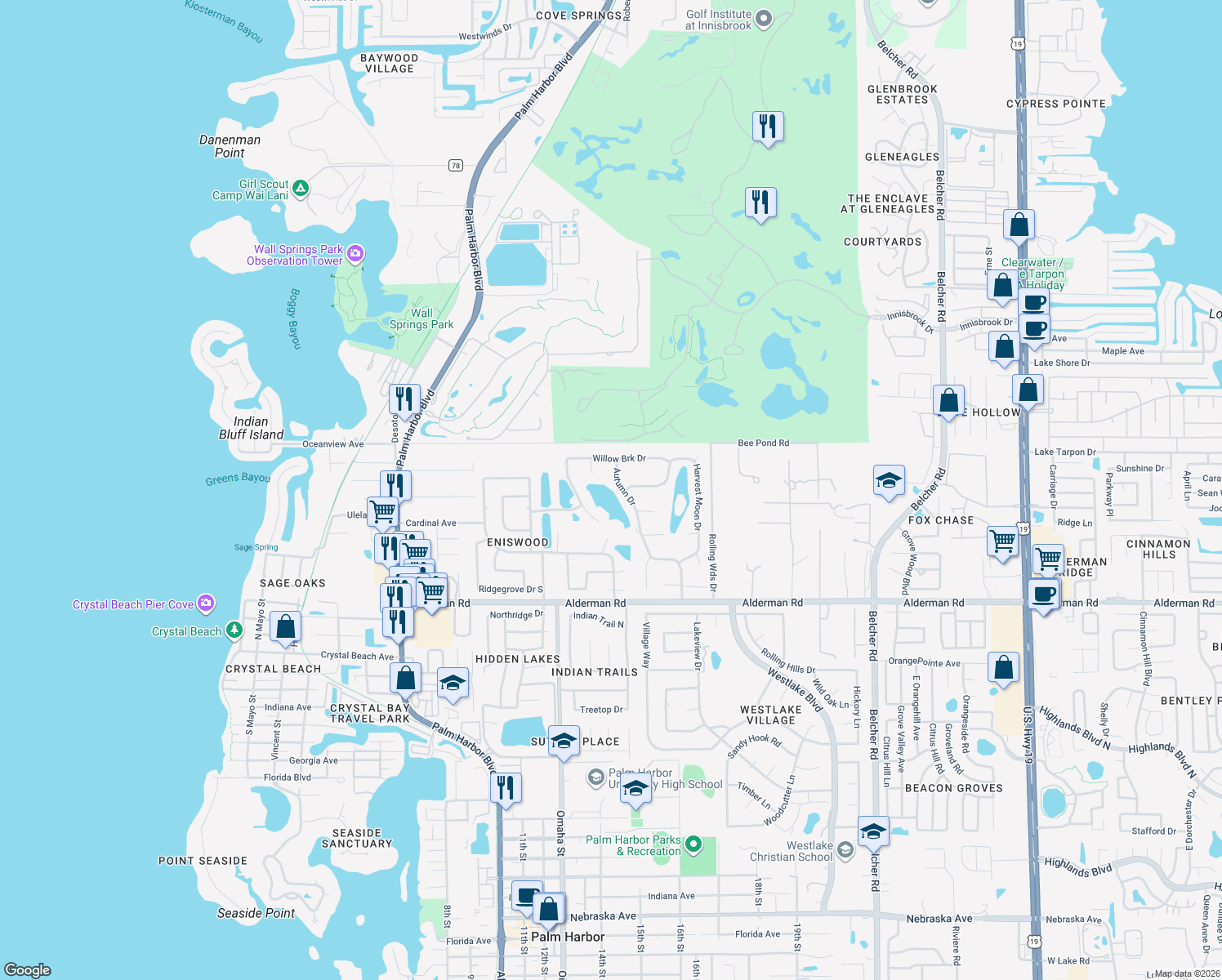 map of restaurants, bars, coffee shops, grocery stores, and more near 3204 Autumn Drive in Palm Harbor