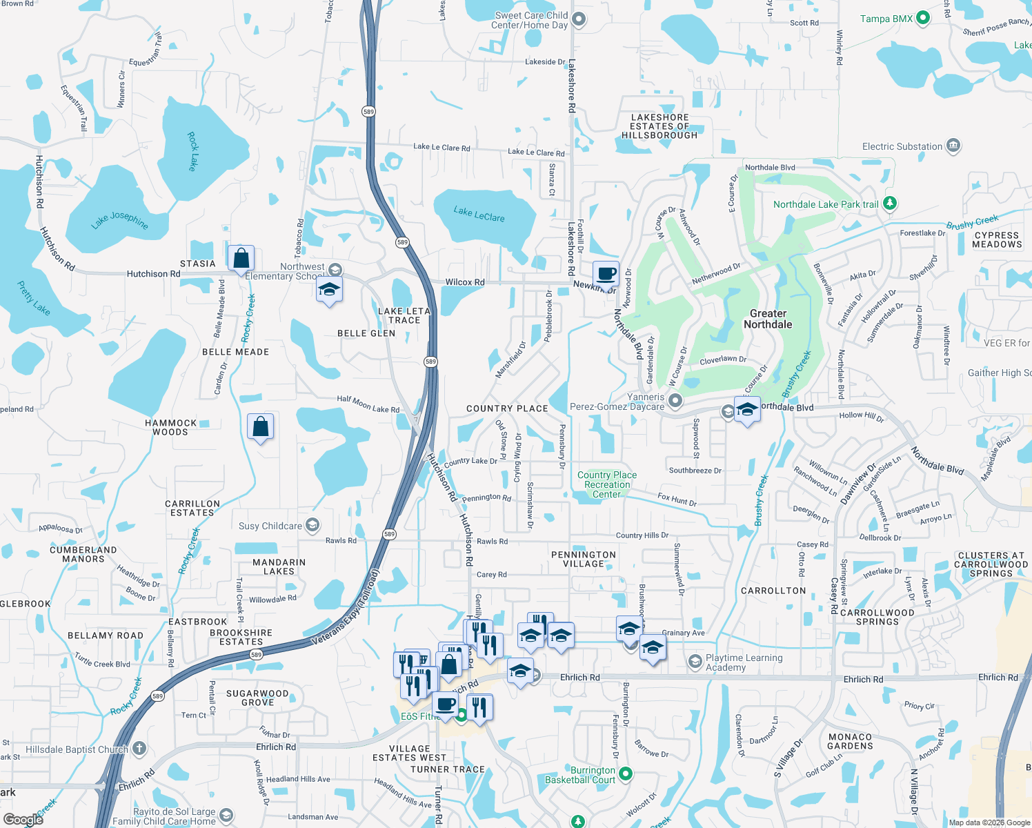 map of restaurants, bars, coffee shops, grocery stores, and more near 15925 Crying Wind Drive in Tampa