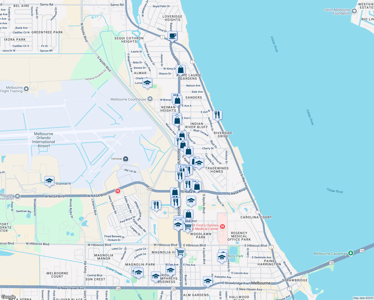 map of restaurants, bars, coffee shops, grocery stores, and more near 500 Wisteria Drive in Melbourne