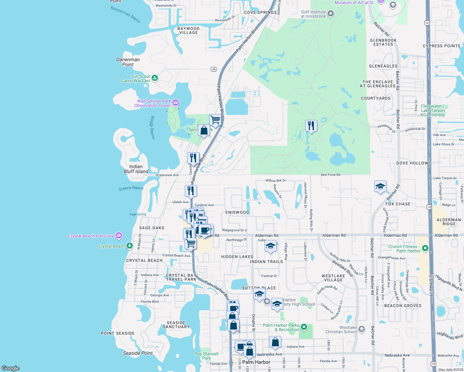 map of restaurants, bars, coffee shops, grocery stores, and more near 1080 Eniswood Parkway in Palm Harbor