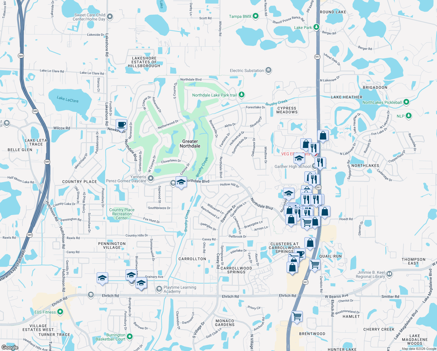 map of restaurants, bars, coffee shops, grocery stores, and more near 16143 Rambling Vine Drive East in Tampa