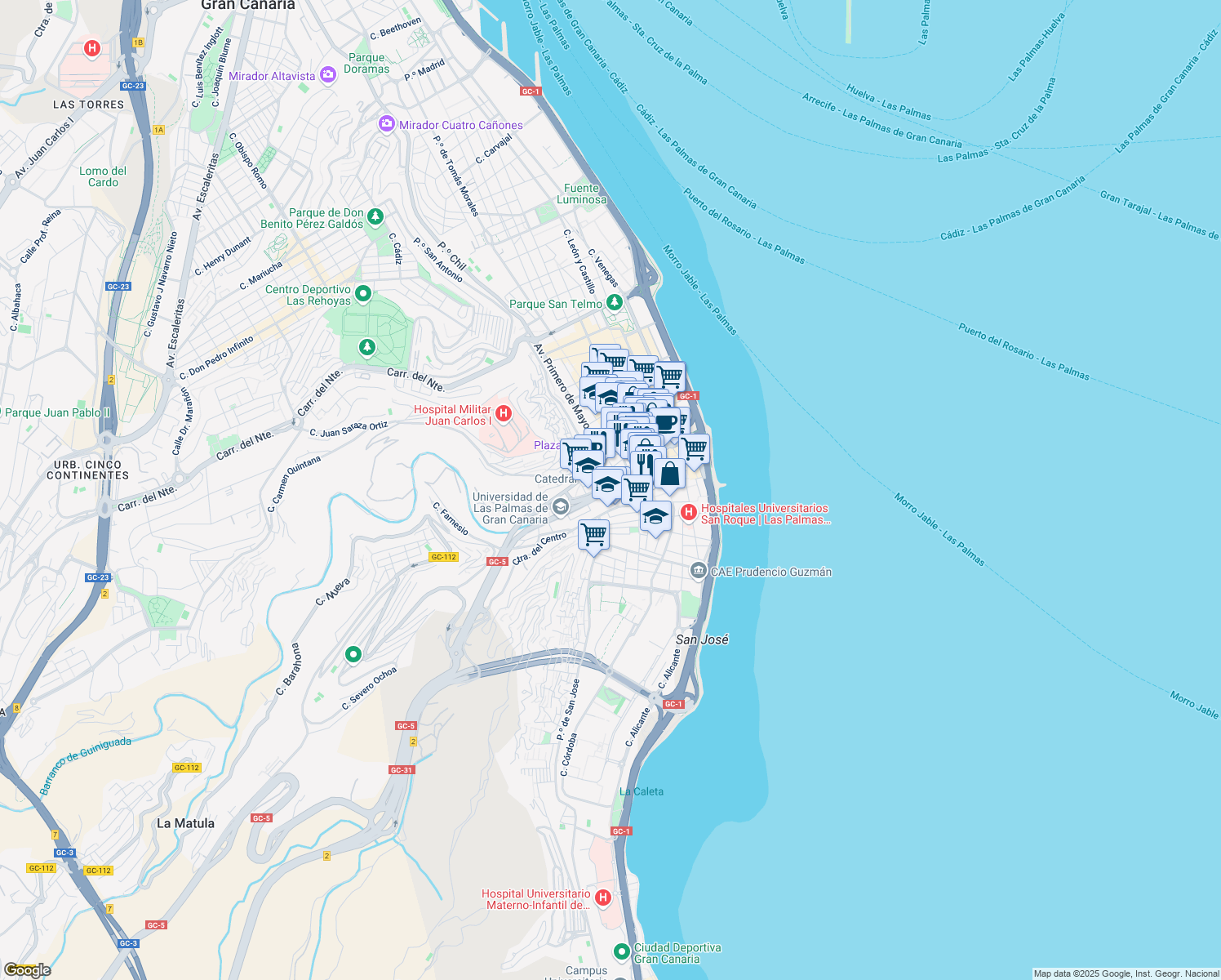 map of restaurants, bars, coffee shops, grocery stores, and more near 3 Calle San Diego de Alcalá in Las Palmas de Gran Canaria