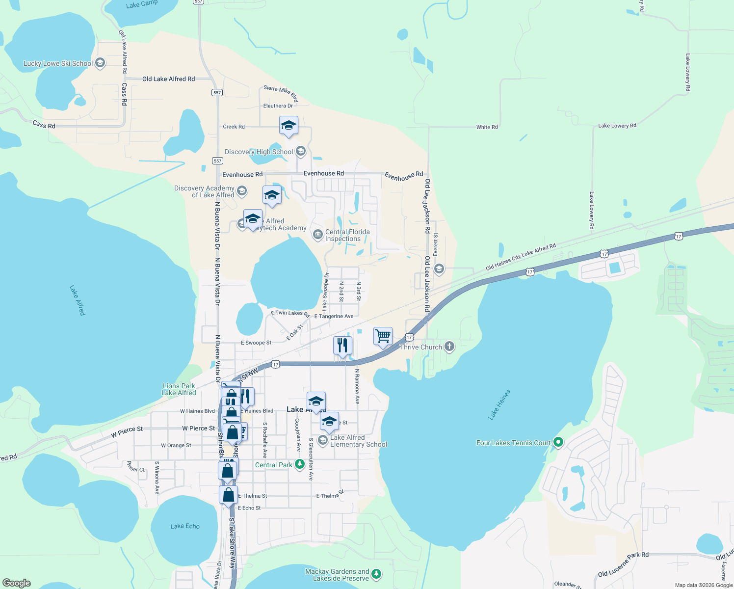map of restaurants, bars, coffee shops, grocery stores, and more near 795 East Midway Avenue in Lake Alfred