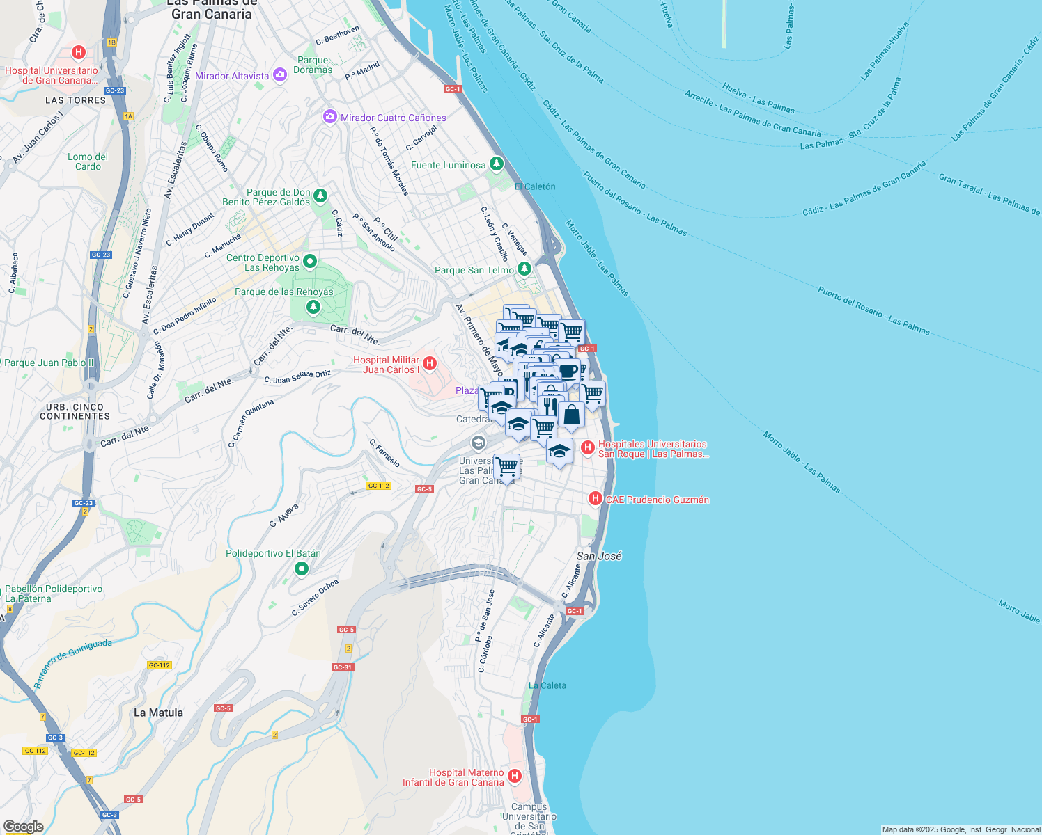 map of restaurants, bars, coffee shops, grocery stores, and more near 3 Calle San Diego de Alcalá in Las Palmas de Gran Canaria