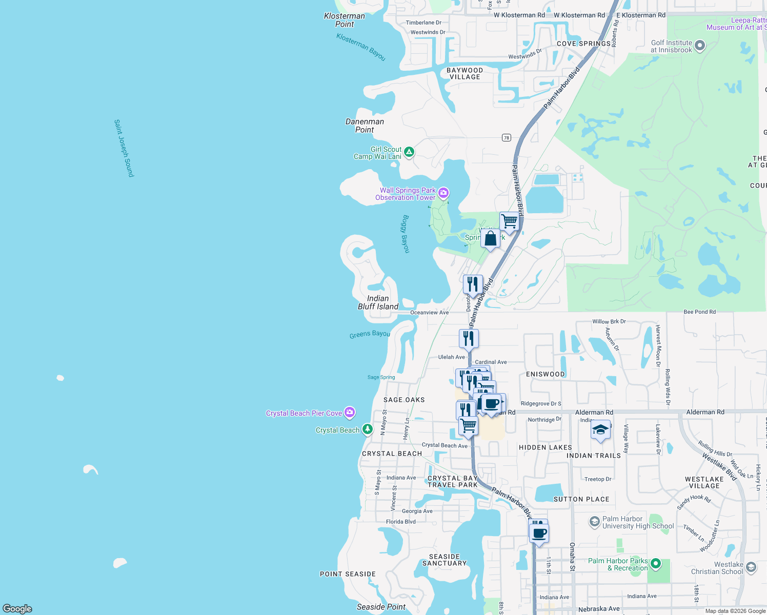 map of restaurants, bars, coffee shops, grocery stores, and more near 105 Peterson Ln in Palm Harbor