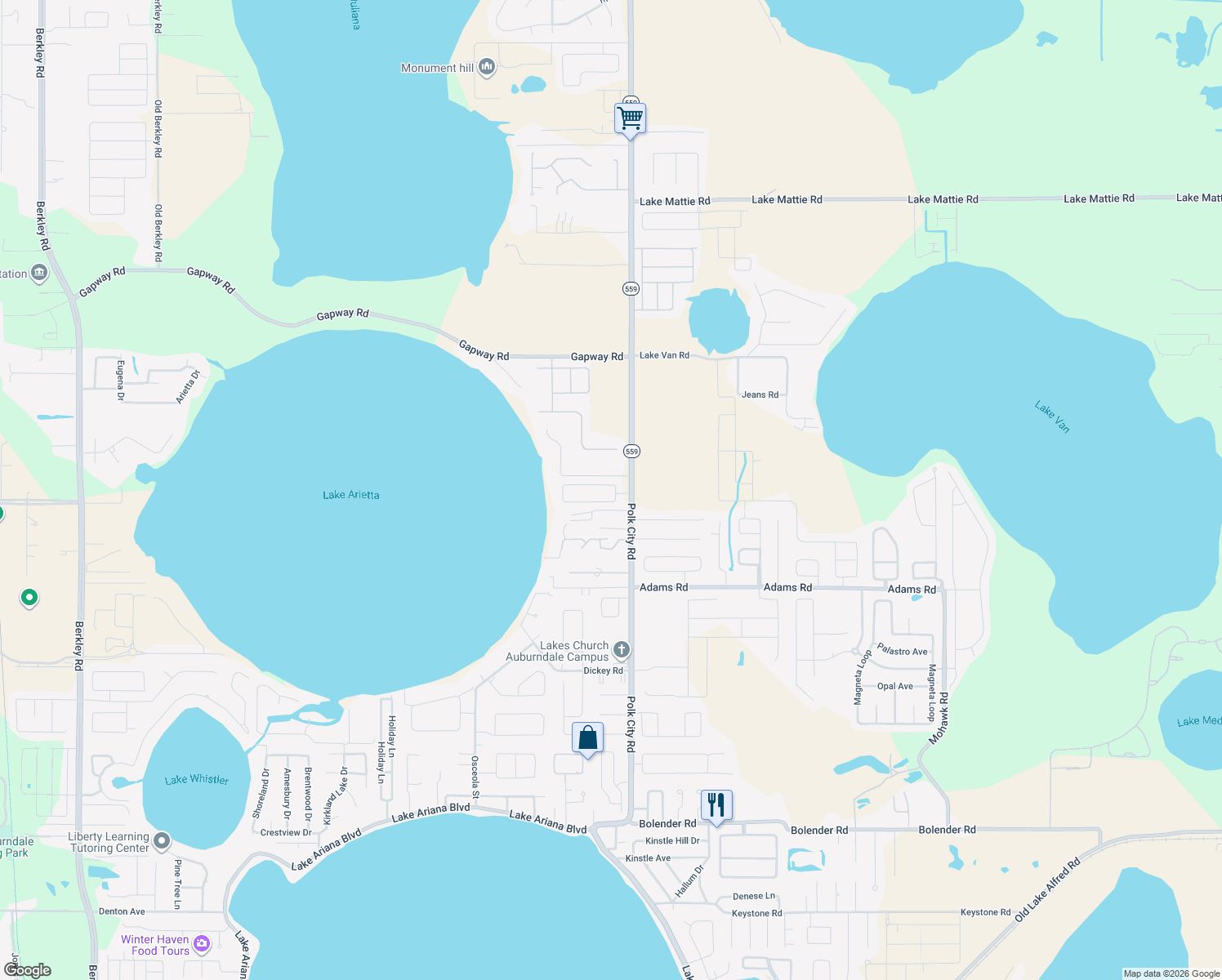 map of restaurants, bars, coffee shops, grocery stores, and more near 111 Old Nichols Circle in Auburndale