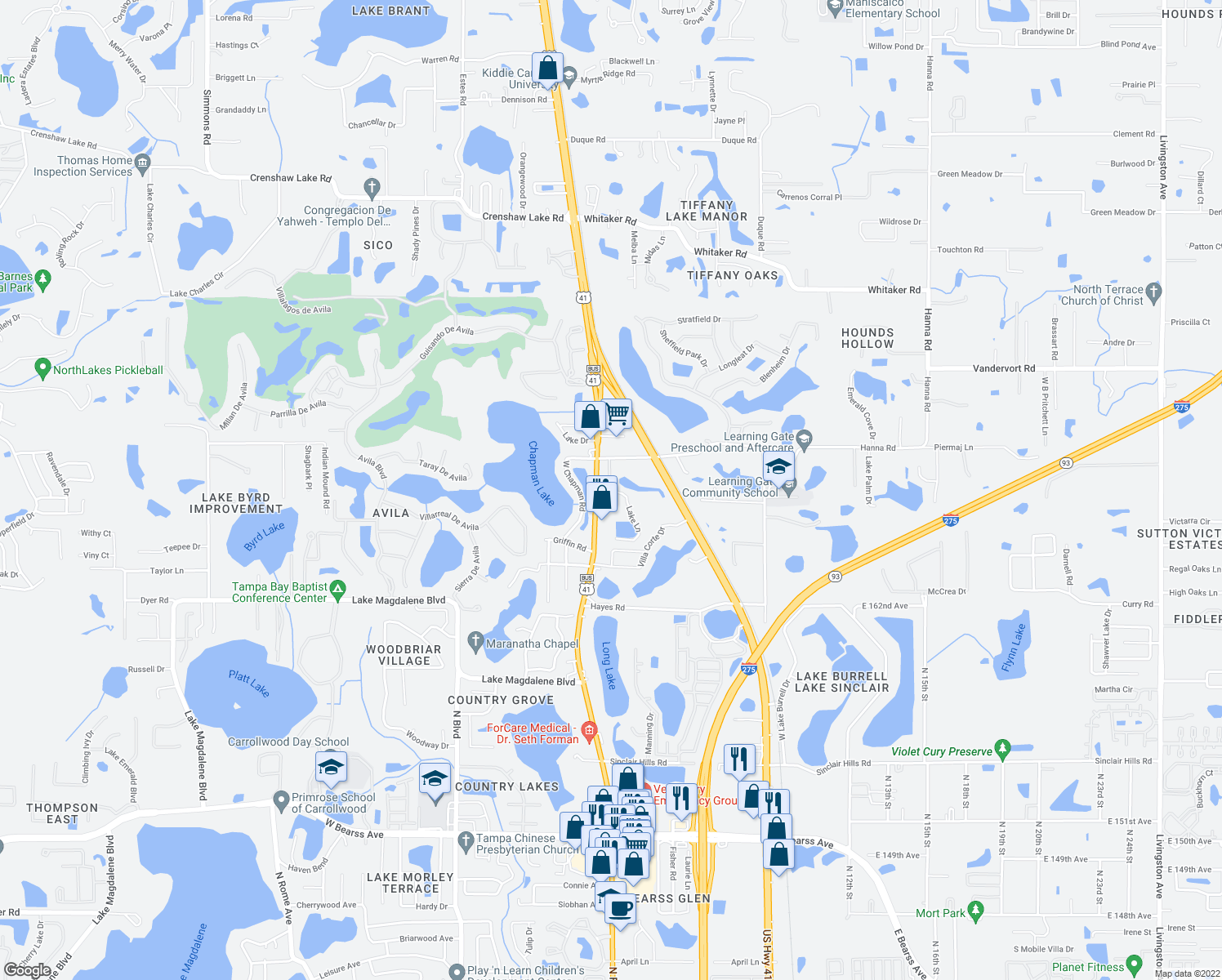 map of restaurants, bars, coffee shops, grocery stores, and more near 16415 Lake Lane in Lutz