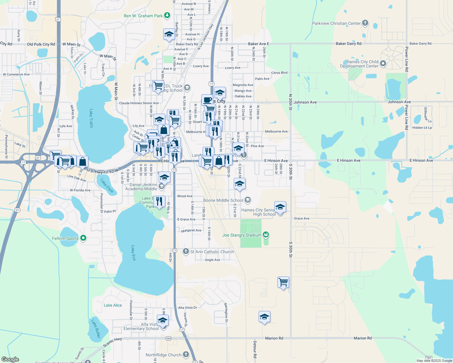map of restaurants, bars, coffee shops, grocery stores, and more near 122 South 20th Street in Haines City