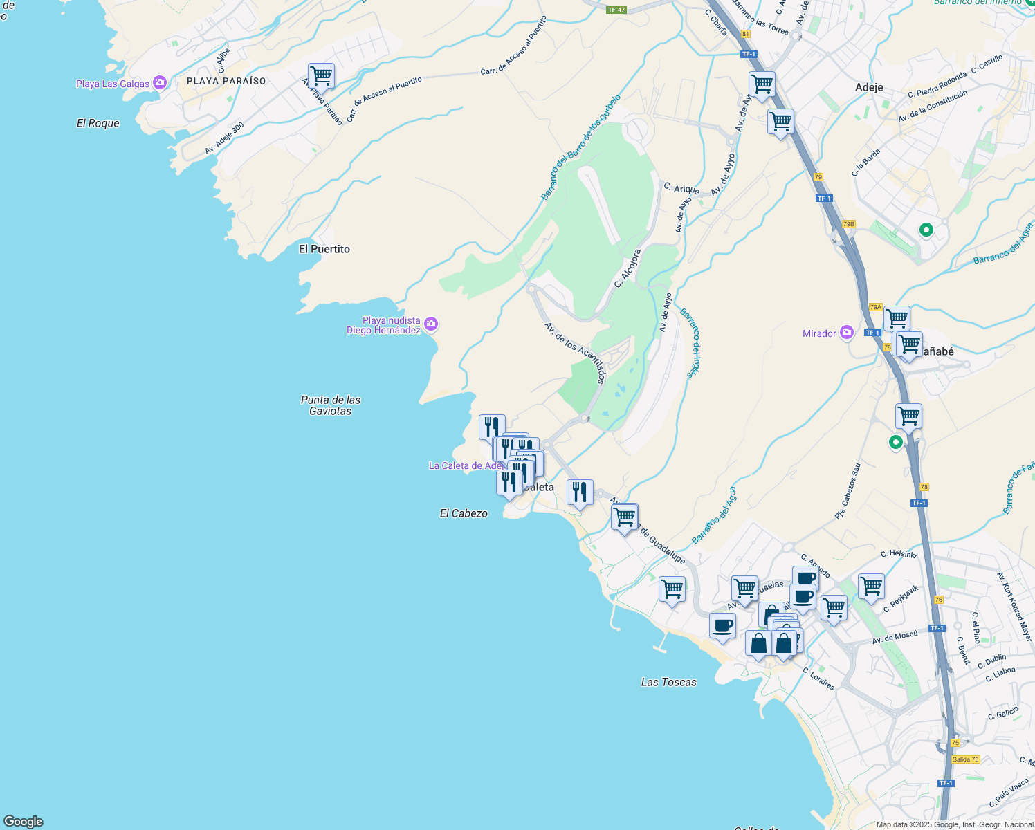 map of restaurants, bars, coffee shops, grocery stores, and more near 6 Calle Playa de Diego Hernandez in Adeje