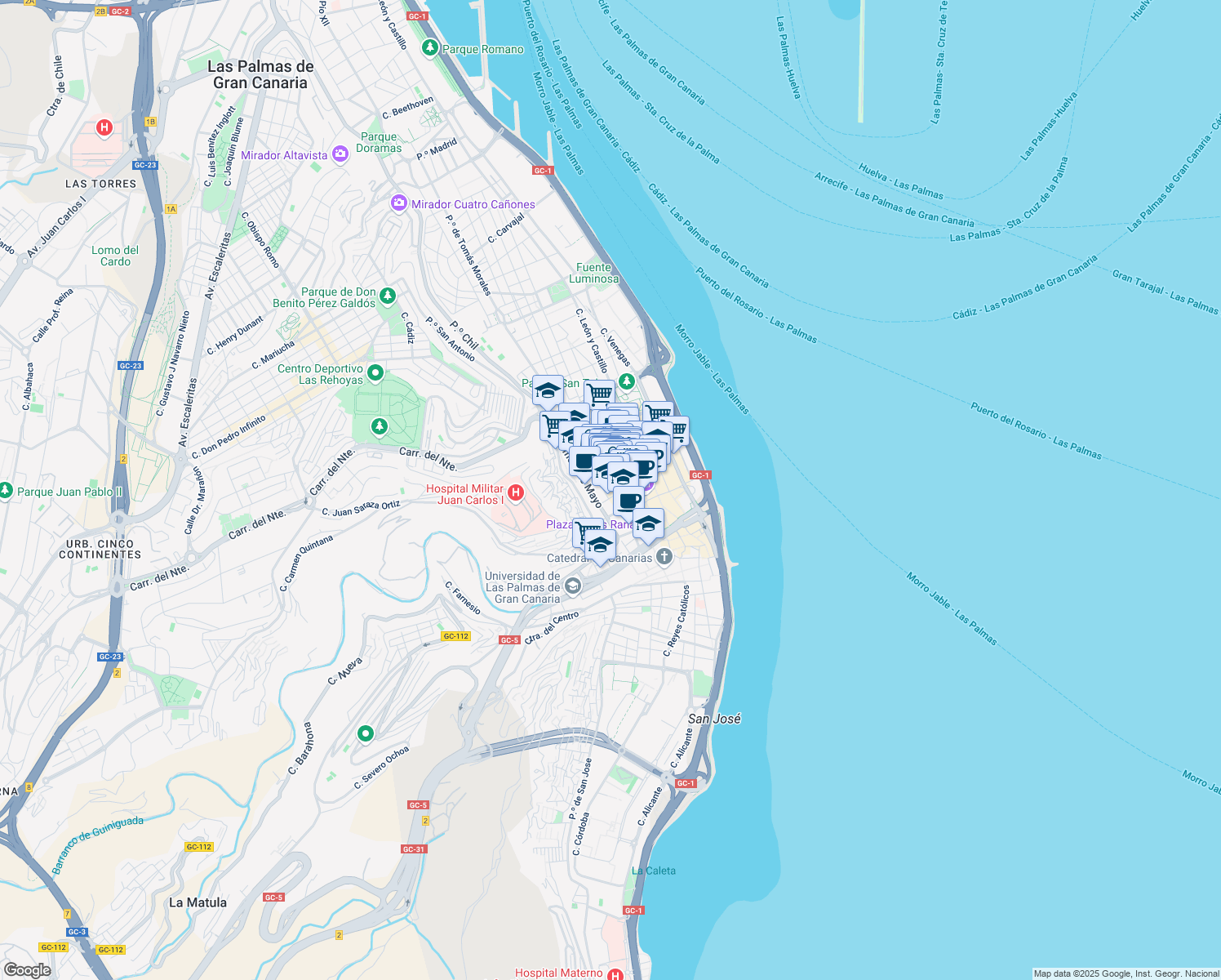 map of restaurants, bars, coffee shops, grocery stores, and more near 13 Calle General Bravo in Las Palmas de Gran Canaria