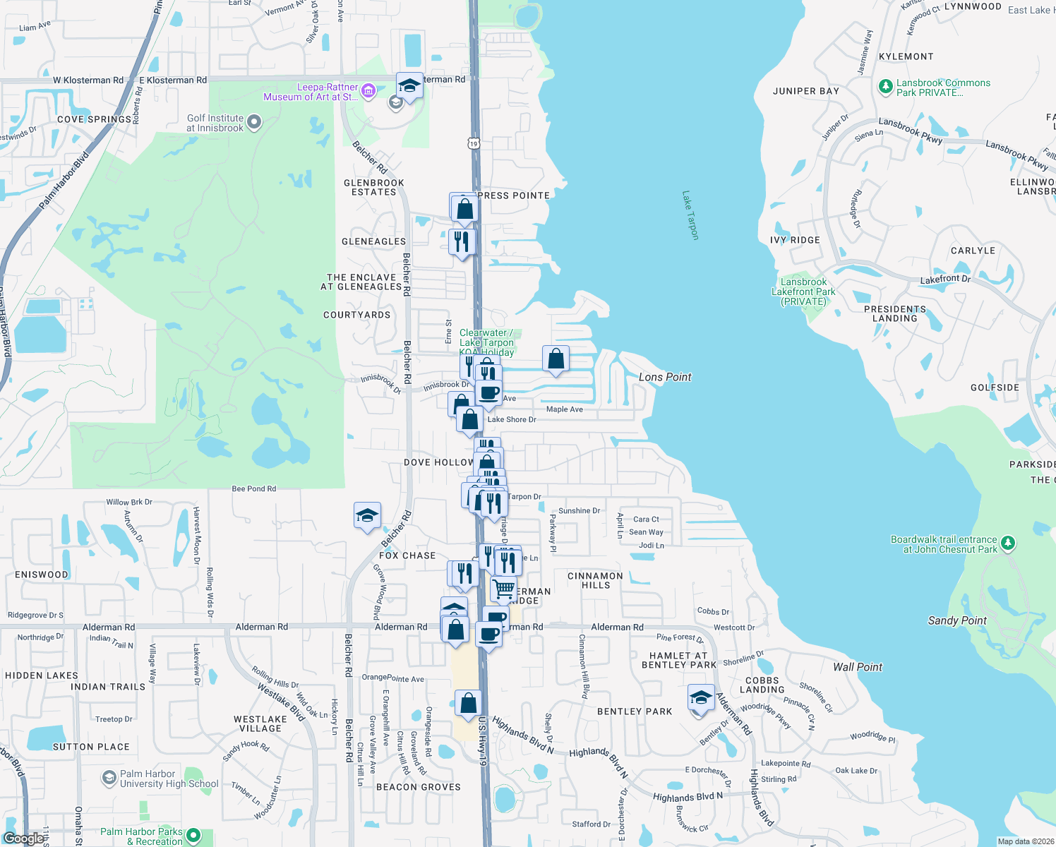 map of restaurants, bars, coffee shops, grocery stores, and more near 12 Lake Shore Drive in Palm Harbor