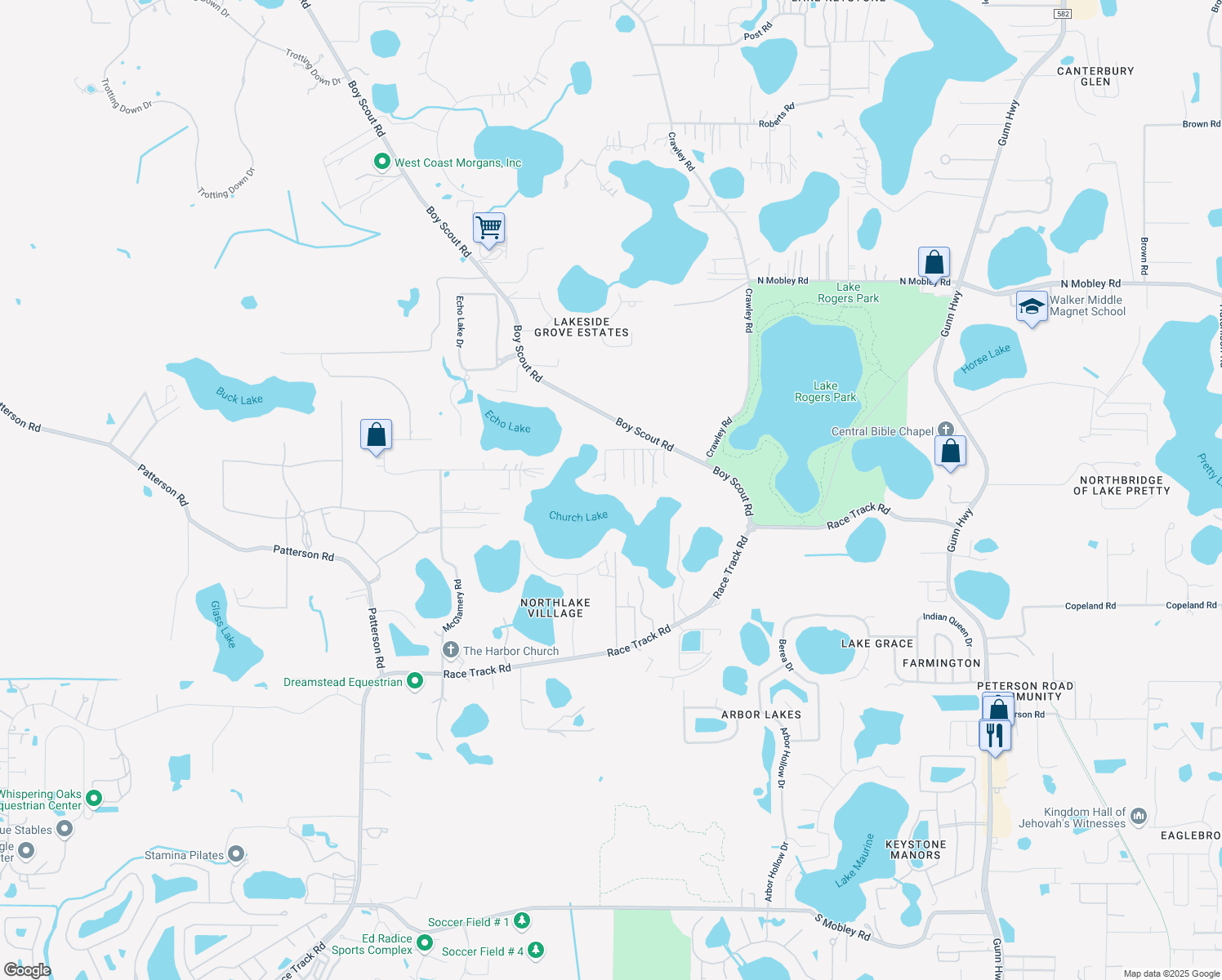 map of restaurants, bars, coffee shops, grocery stores, and more near 16525 Lake Church Drive in Odessa