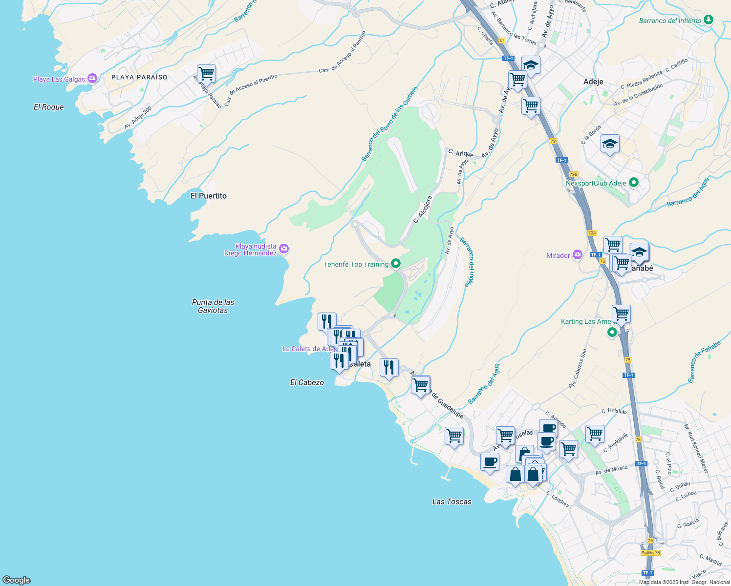 map of restaurants, bars, coffee shops, grocery stores, and more near 6 Calle Playa de Diego Hernandez in Adeje