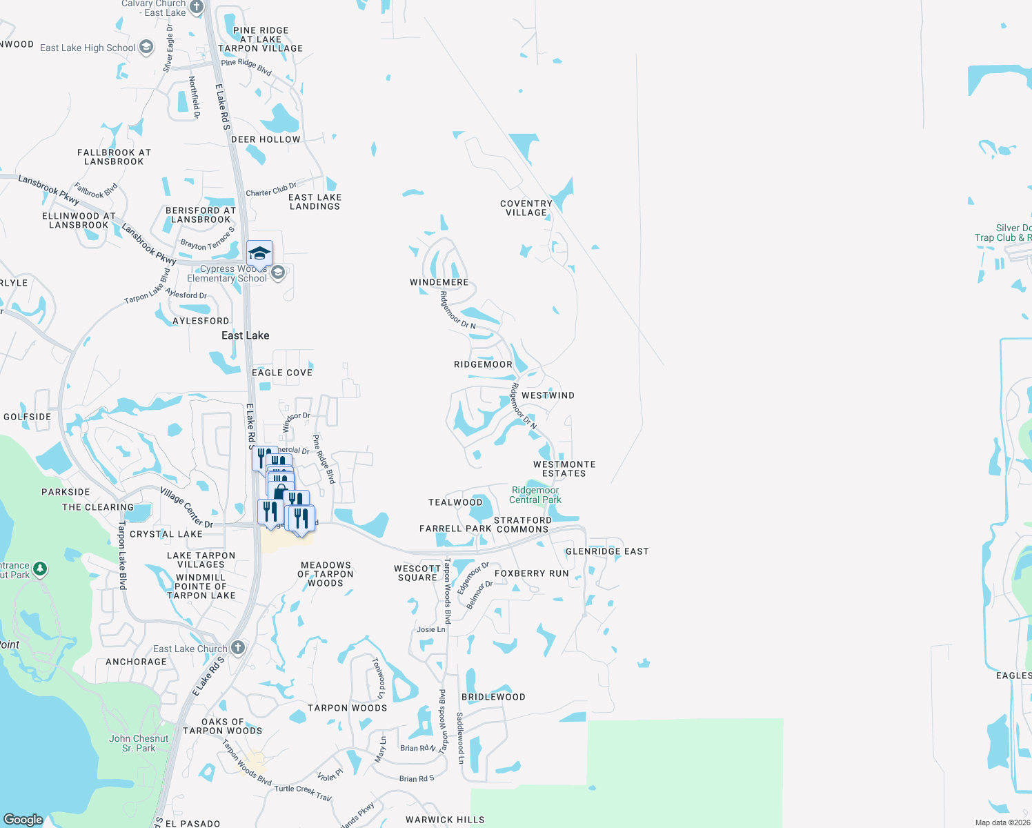 map of restaurants, bars, coffee shops, grocery stores, and more near 5590 Greyston Street in Palm Harbor
