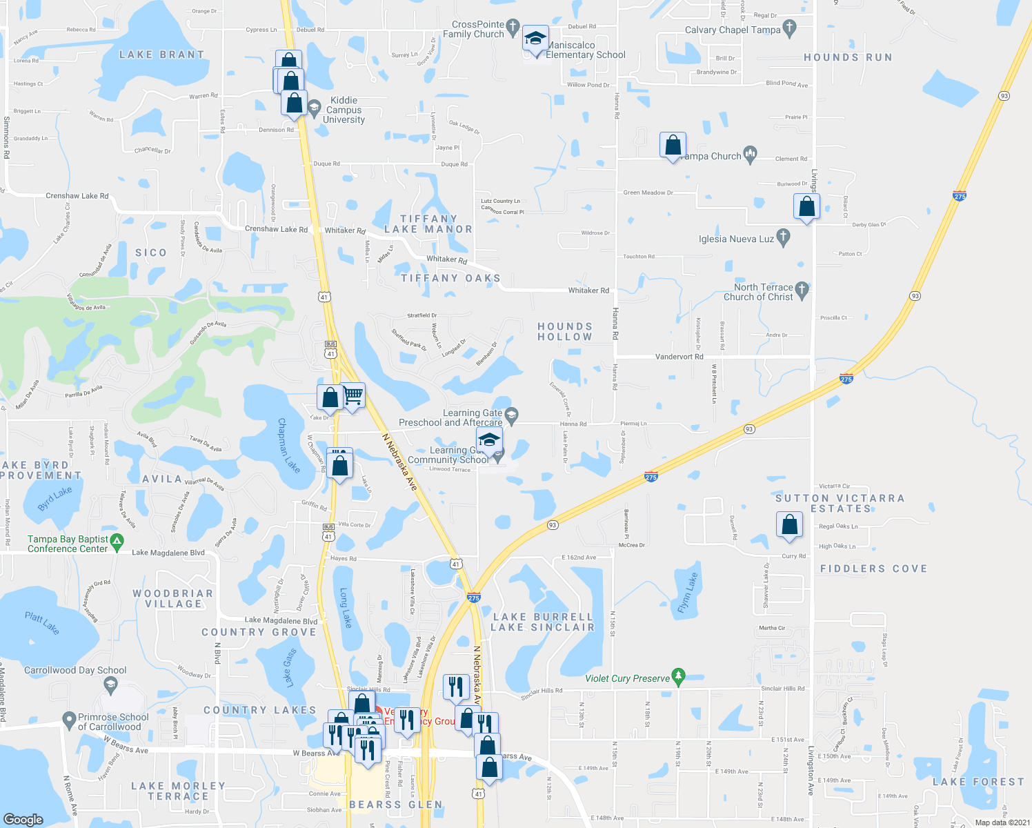 map of restaurants, bars, coffee shops, grocery stores, and more near 16330 Hanna Road in Lutz