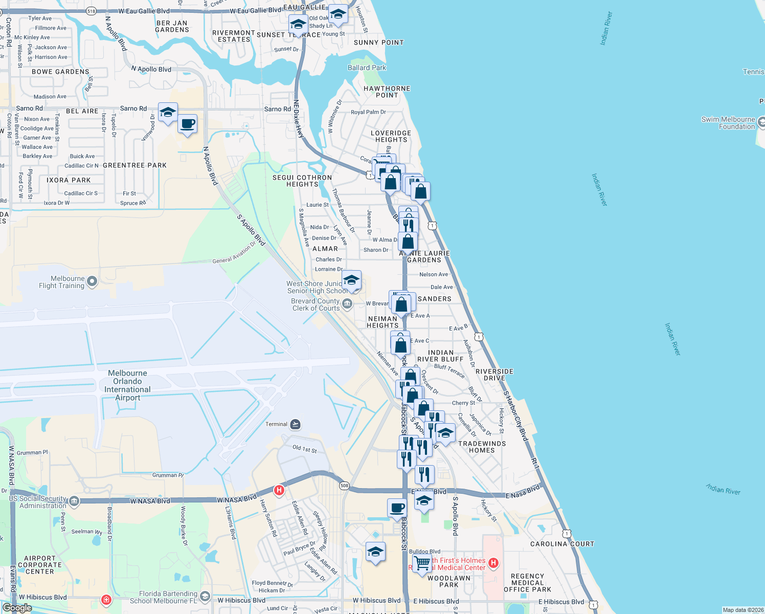 map of restaurants, bars, coffee shops, grocery stores, and more near 101 West Brevard Drive in Melbourne
