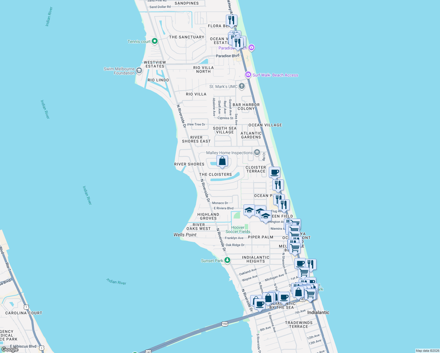 map of restaurants, bars, coffee shops, grocery stores, and more near 365 Normandy Drive in Indialantic