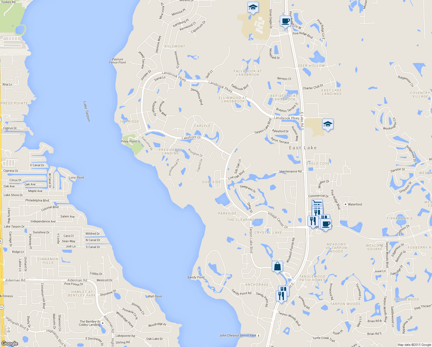map of restaurants, bars, coffee shops, grocery stores, and more near 4157 Grandchamp Circle in Palm Harbor