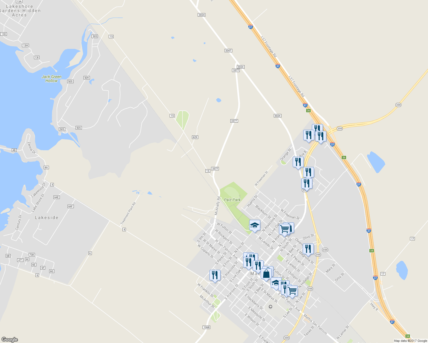 map of restaurants, bars, coffee shops, grocery stores, and more near 10043 Farm to Market 3377 in Mathis