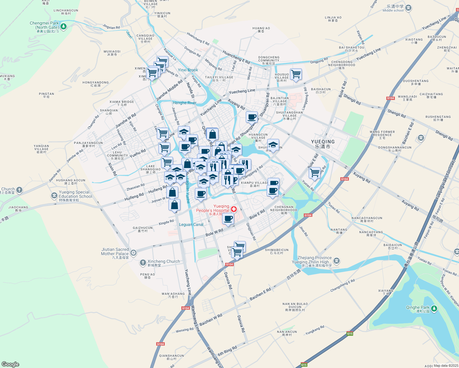 map of restaurants, bars, coffee shops, grocery stores, and more near Qing Yuan Lu in Wen Zhou Shi