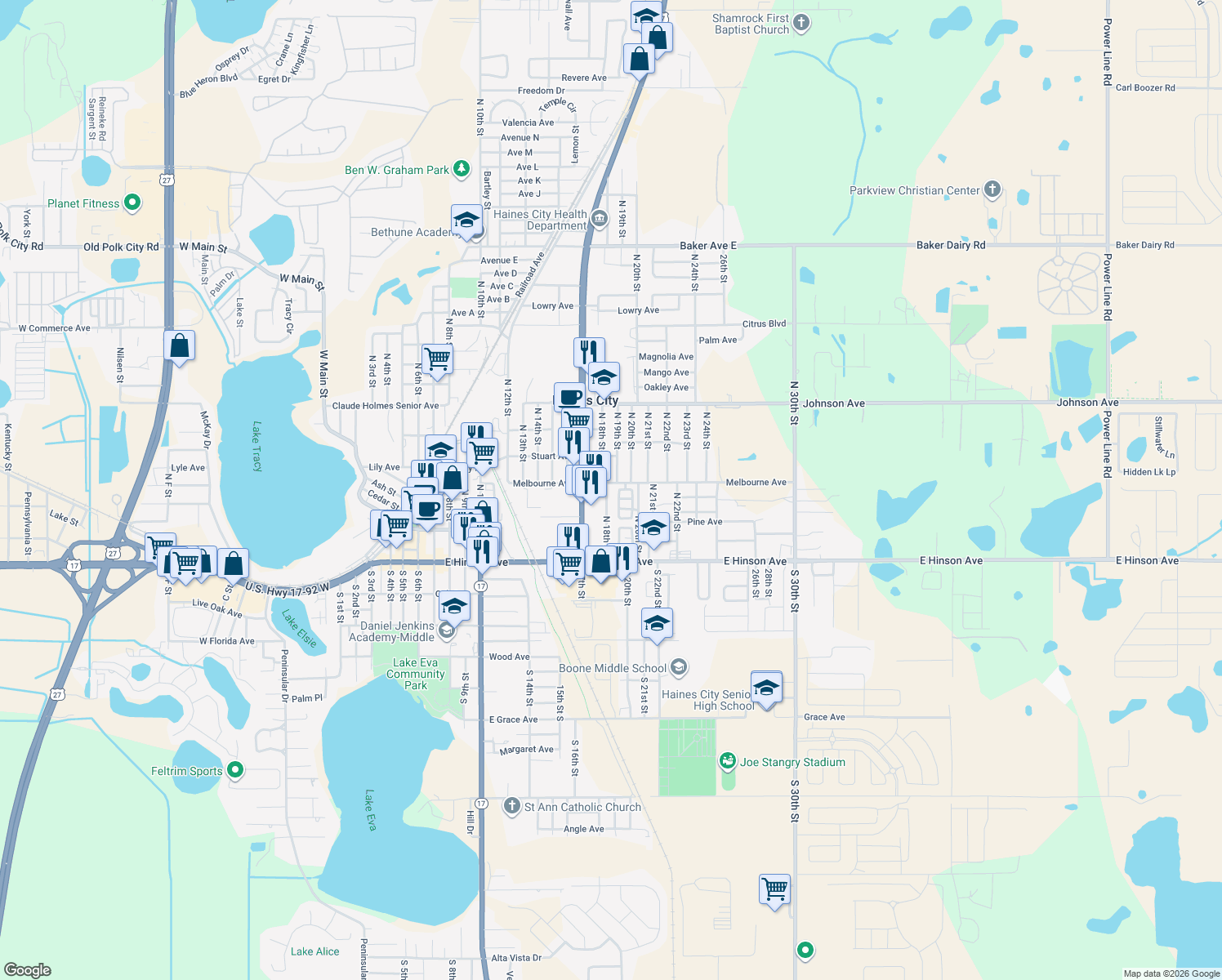 map of restaurants, bars, coffee shops, grocery stores, and more near 117 North 18th Street in Haines City