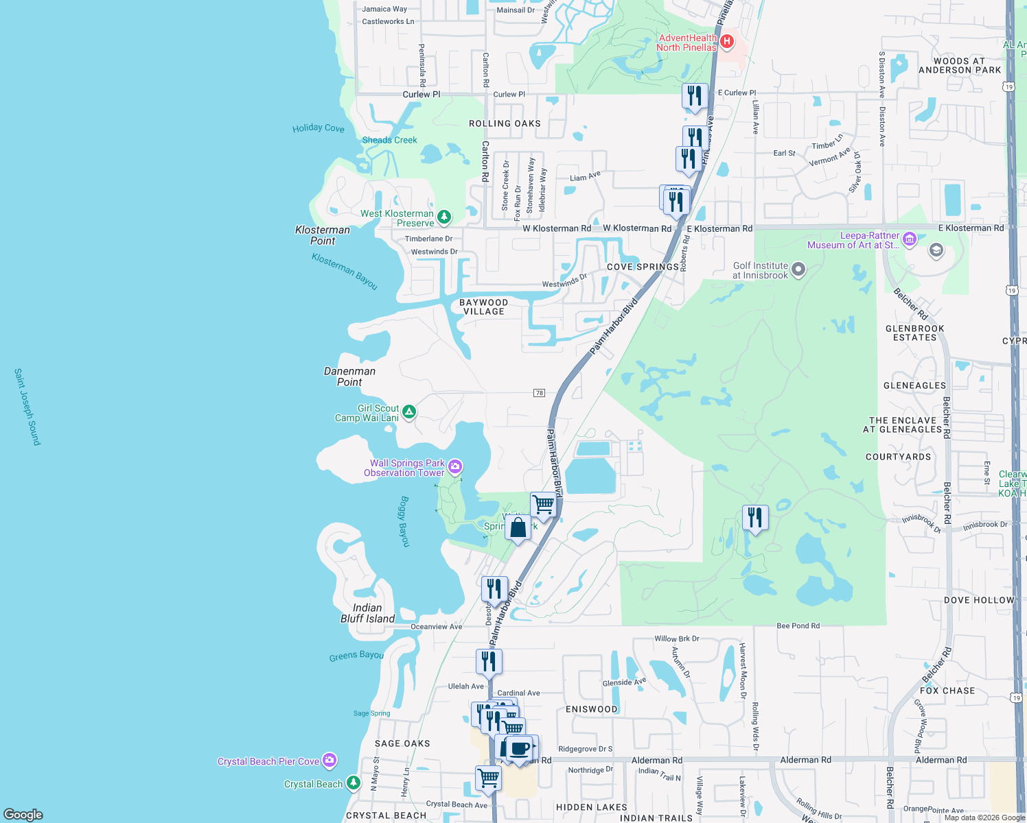 map of restaurants, bars, coffee shops, grocery stores, and more near 801 Willard Street in Palm Harbor