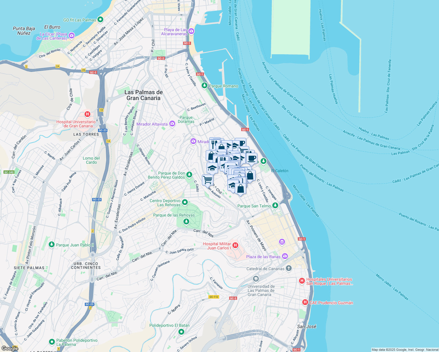 map of restaurants, bars, coffee shops, grocery stores, and more near 5 Calle Curva in Las Palmas de Gran Canaria