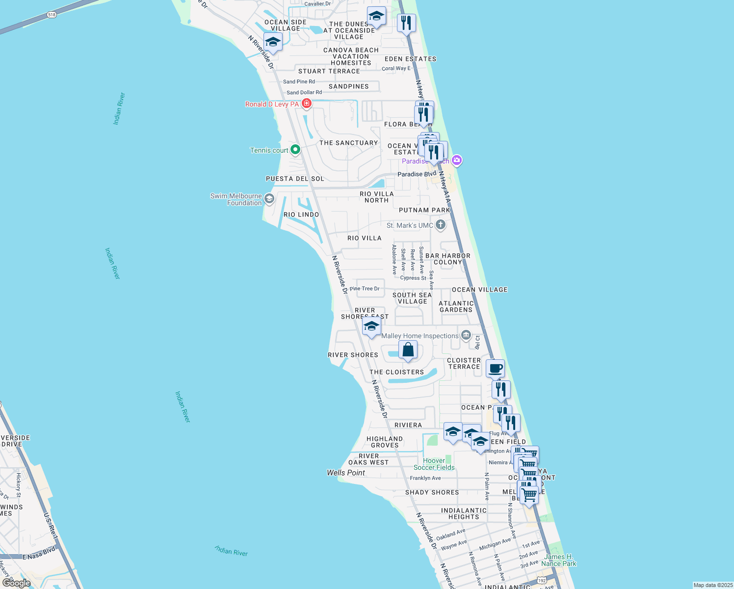 map of restaurants, bars, coffee shops, grocery stores, and more near 558 South Sonora Circle in Indialantic