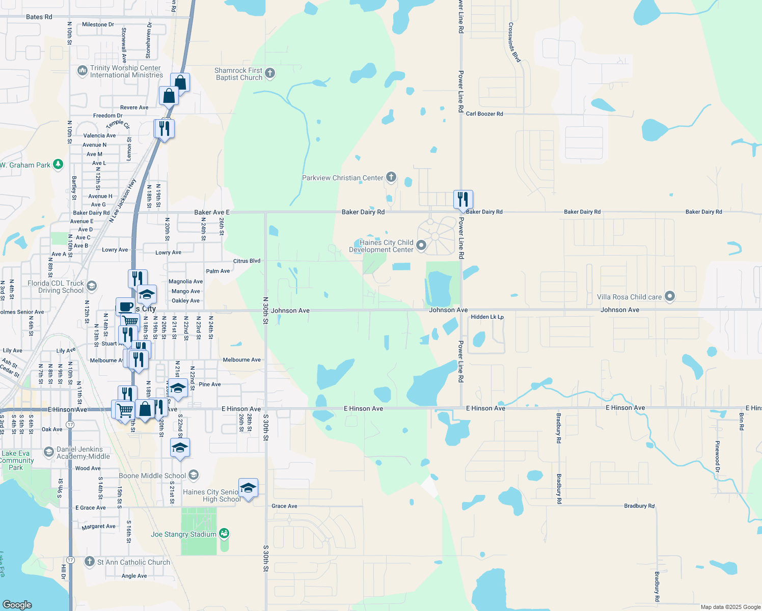 map of restaurants, bars, coffee shops, grocery stores, and more near 3644 East Johnson Avenue in Haines City