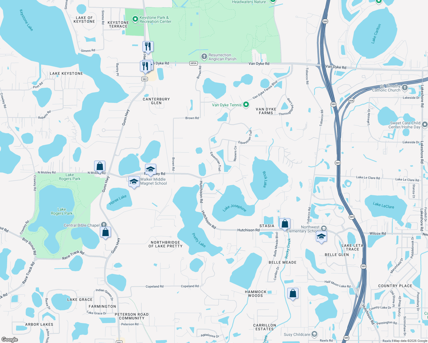 map of restaurants, bars, coffee shops, grocery stores, and more near 16901 Filly Lane in Odessa
