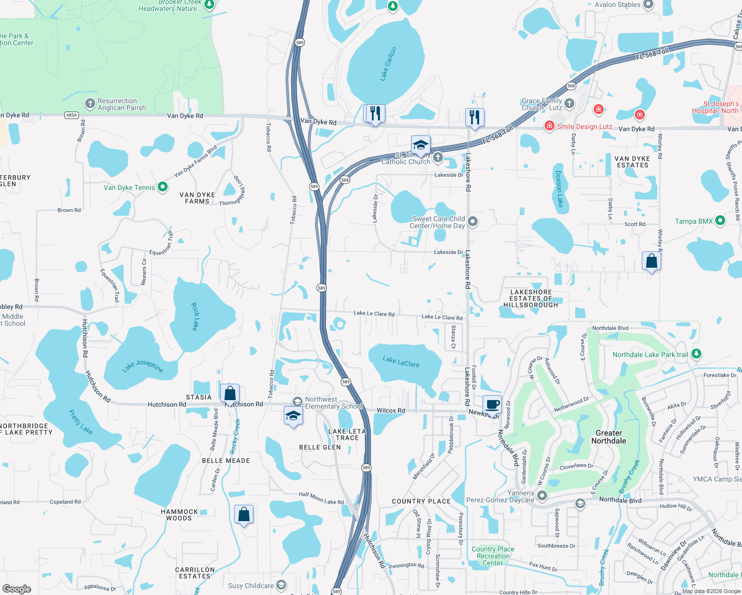 map of restaurants, bars, coffee shops, grocery stores, and more near 5455 Lake Le Clare Road in Lutz