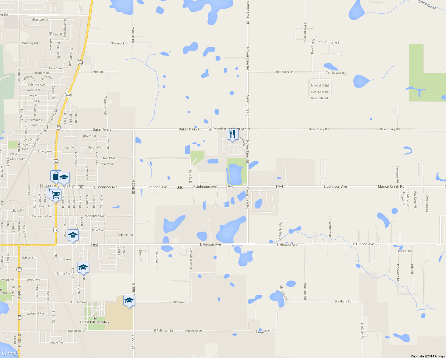 map of restaurants, bars, coffee shops, grocery stores, and more near 3898 East Johnson Avenue in Haines City