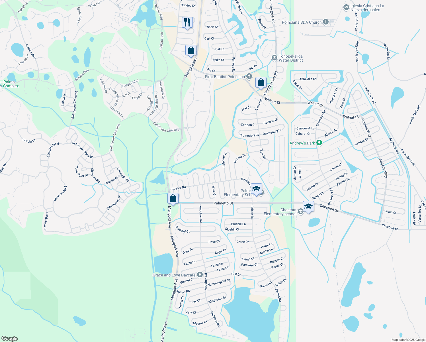 map of restaurants, bars, coffee shops, grocery stores, and more near 616 Muskrat Drive in Kissimmee