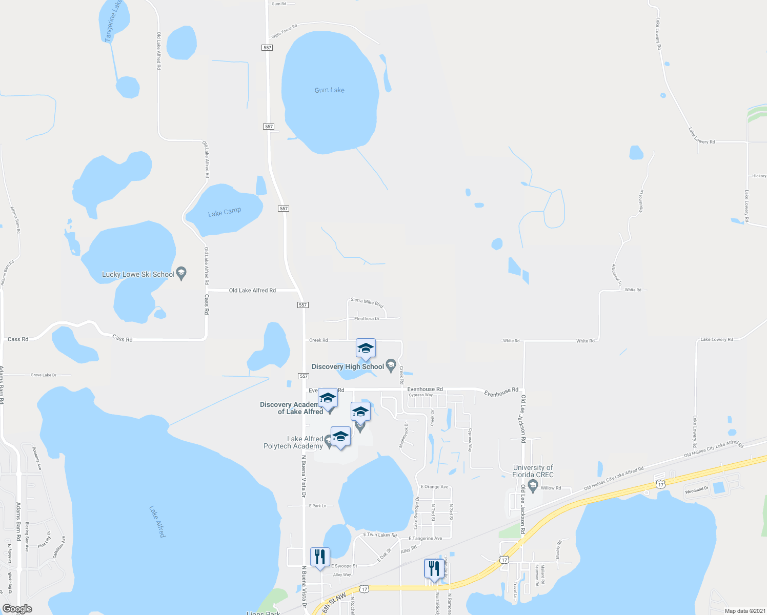 map of restaurants, bars, coffee shops, grocery stores, and more near 353 Sierra Mike Boulevard in Lake Alfred