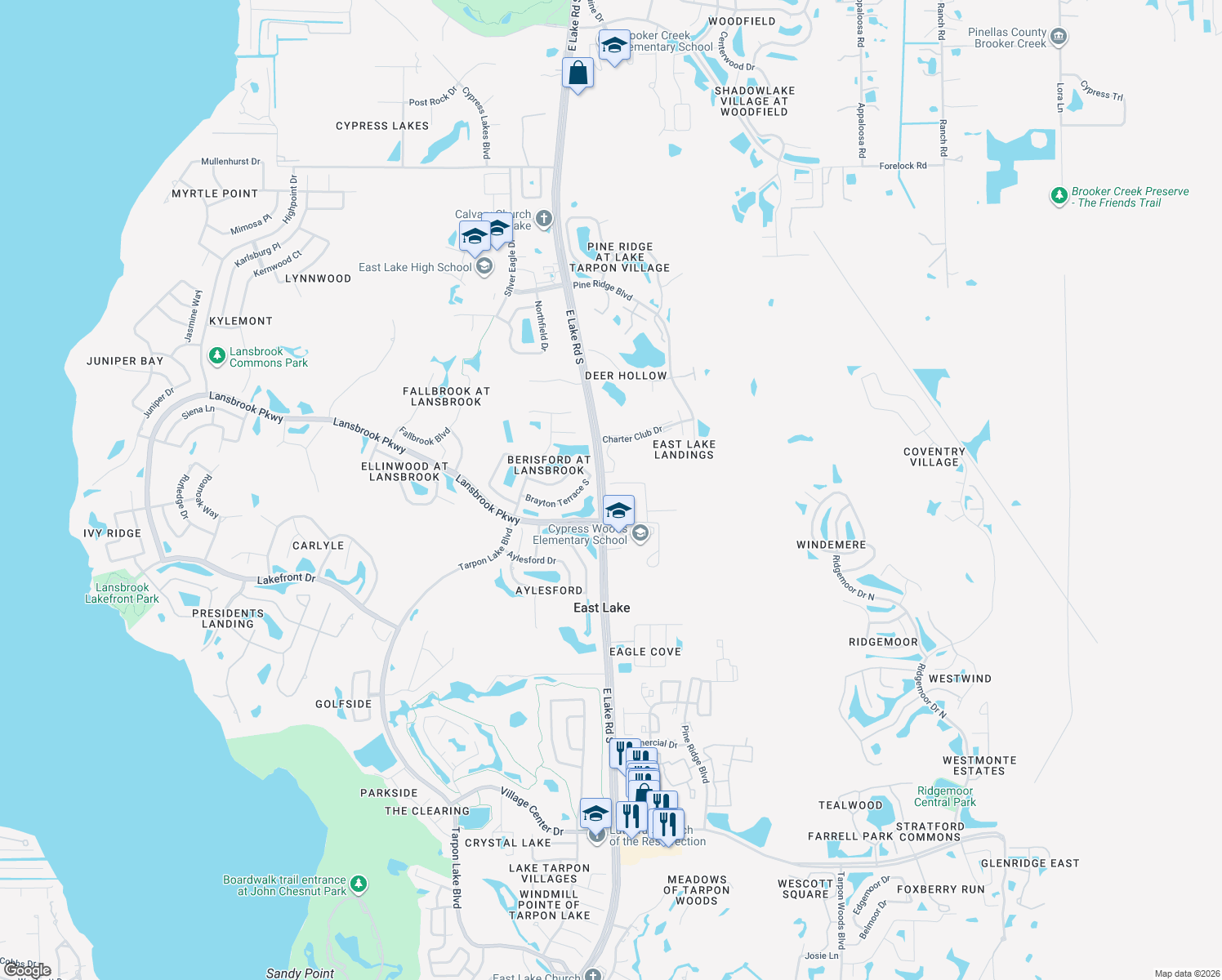 map of restaurants, bars, coffee shops, grocery stores, and more near 4550 Serenity Trail in Palm Harbor