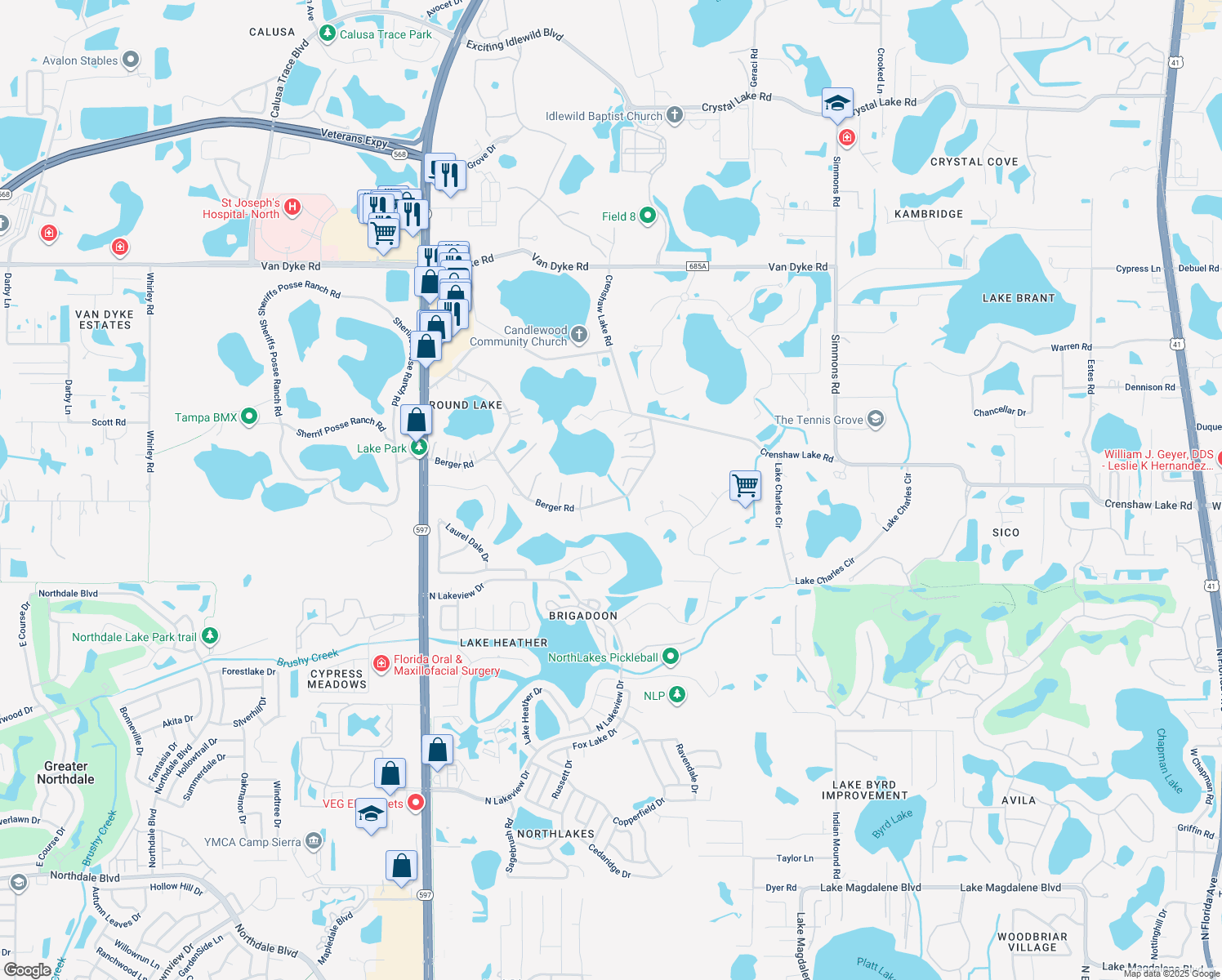 map of restaurants, bars, coffee shops, grocery stores, and more near 3529 Berger Road in Lutz