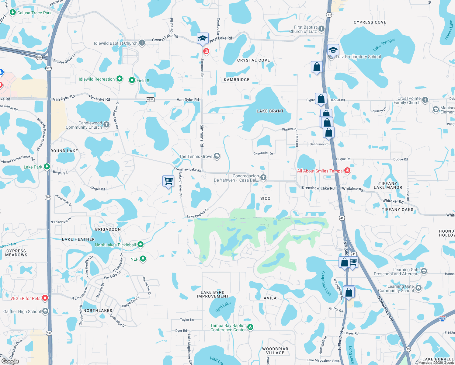 map of restaurants, bars, coffee shops, grocery stores, and more near 909 Lake Charles Circle in Lutz